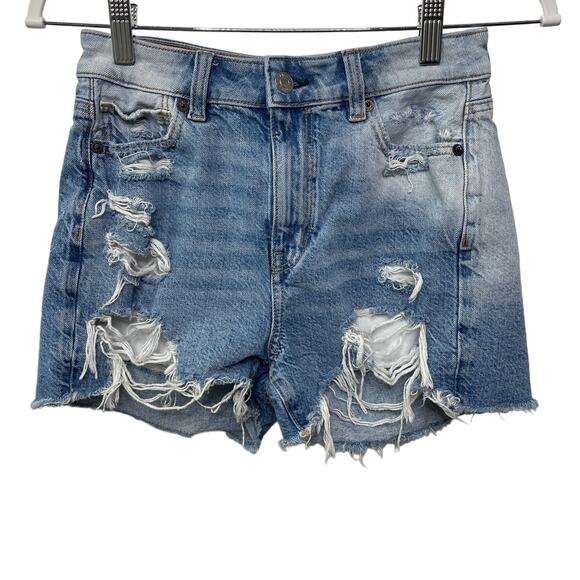American Eagle Next Level Stretch High Rise Mom Short Destroyed Blue Denim Sz 0 - Picture 1 of 10